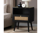 Oikiture Bedside Table Side Table Storage Drawer Shelf Nightstand Rattan Black