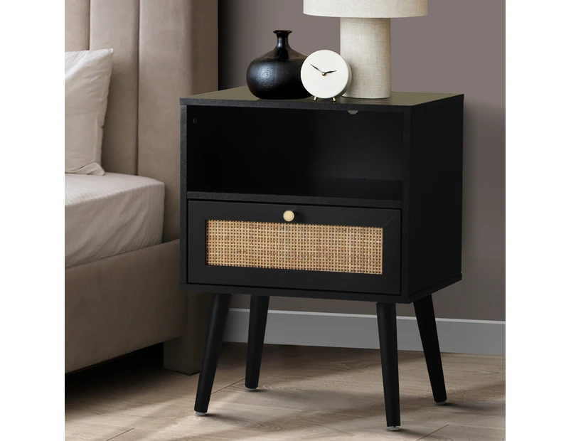 Oikiture Bedside Table Side Table Storage Drawer Shelf Nightstand Rattan Black