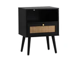 Oikiture Bedside Table Side Table Storage Drawer Shelf Nightstand Rattan Black