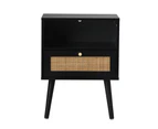 Oikiture Bedside Table Side Table Storage Drawer Shelf Nightstand Rattan Black