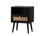 Oikiture Bedside Table Side Table Storage Drawer Shelf Nightstand Rattan Black