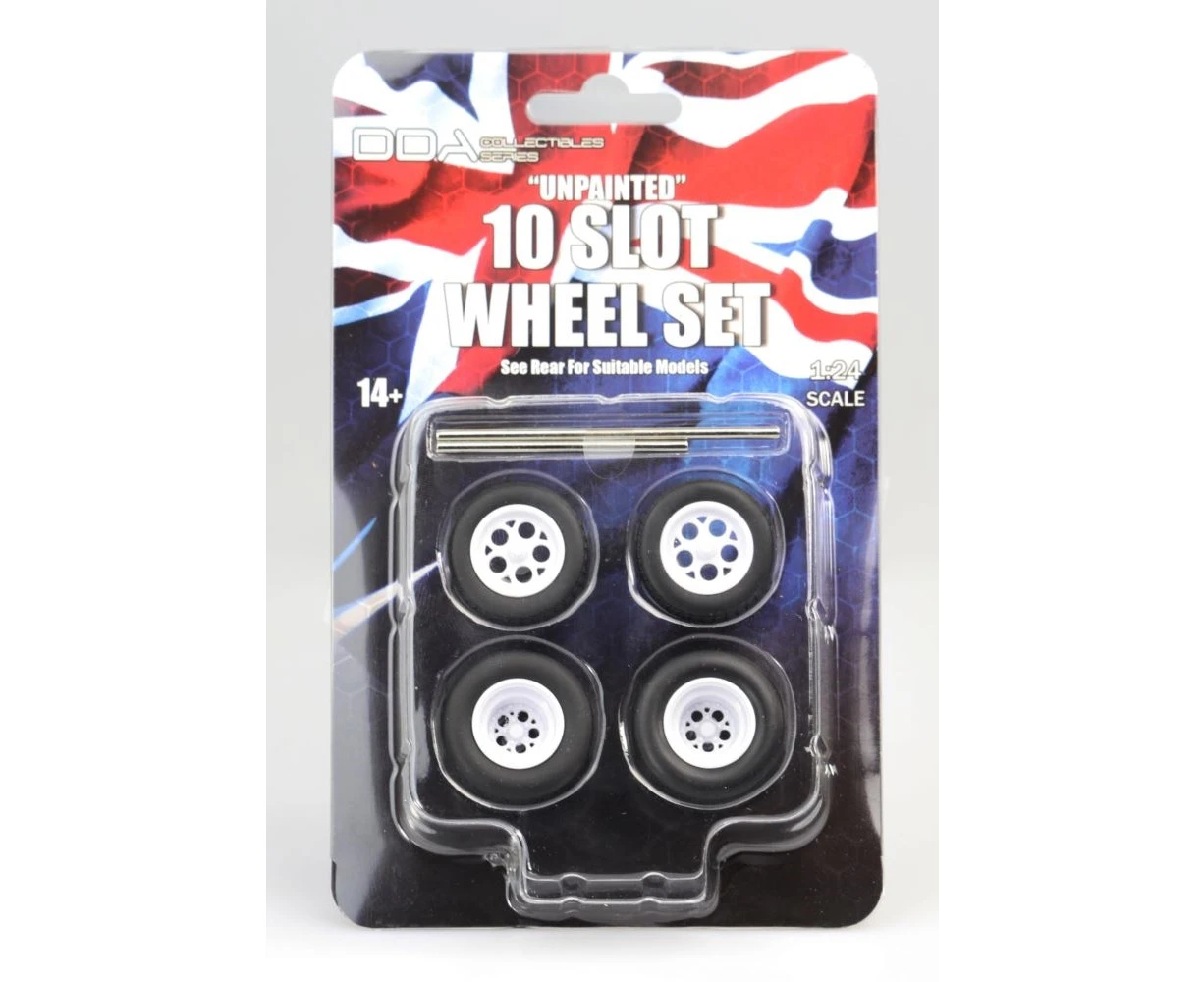 DDA 1/24 Set of 4 x 10 Slot Unpainted Injected White Wheels w/Tyres & Axles - Suits Slammed Models - Holden HQ & HJ - Ford XW & XY