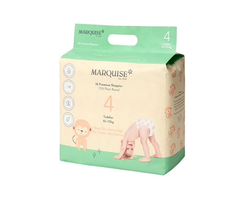 Marquise Premium Nappies (73% Plant Based) Toddler Size 4 (1015kg) x 18 Pack