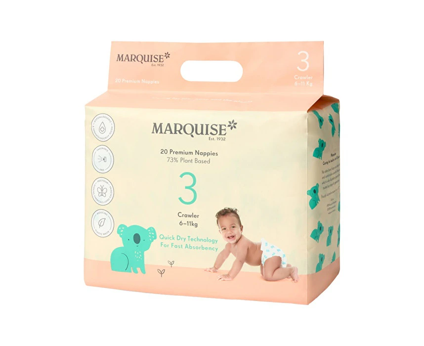 Marquise Premium Nappies (73% Plant Based) Crawler Size 3 (611kg) x 20 Pack