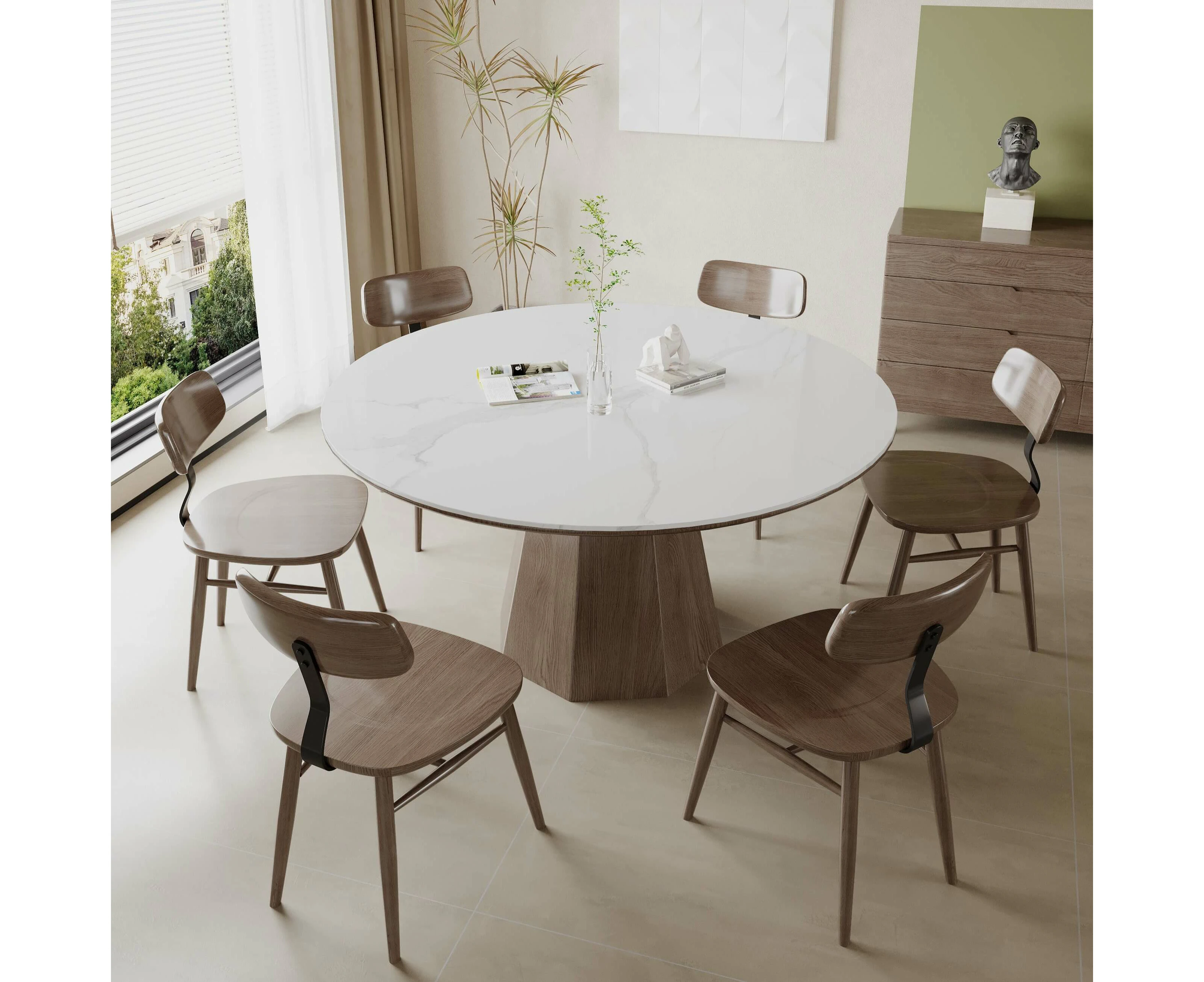 Yezo Ceramic Round Dining Table/Lazy Susan/Solid Timber Base/Glossy Fish-belly White Top - 1.35M, No Lazy Susan