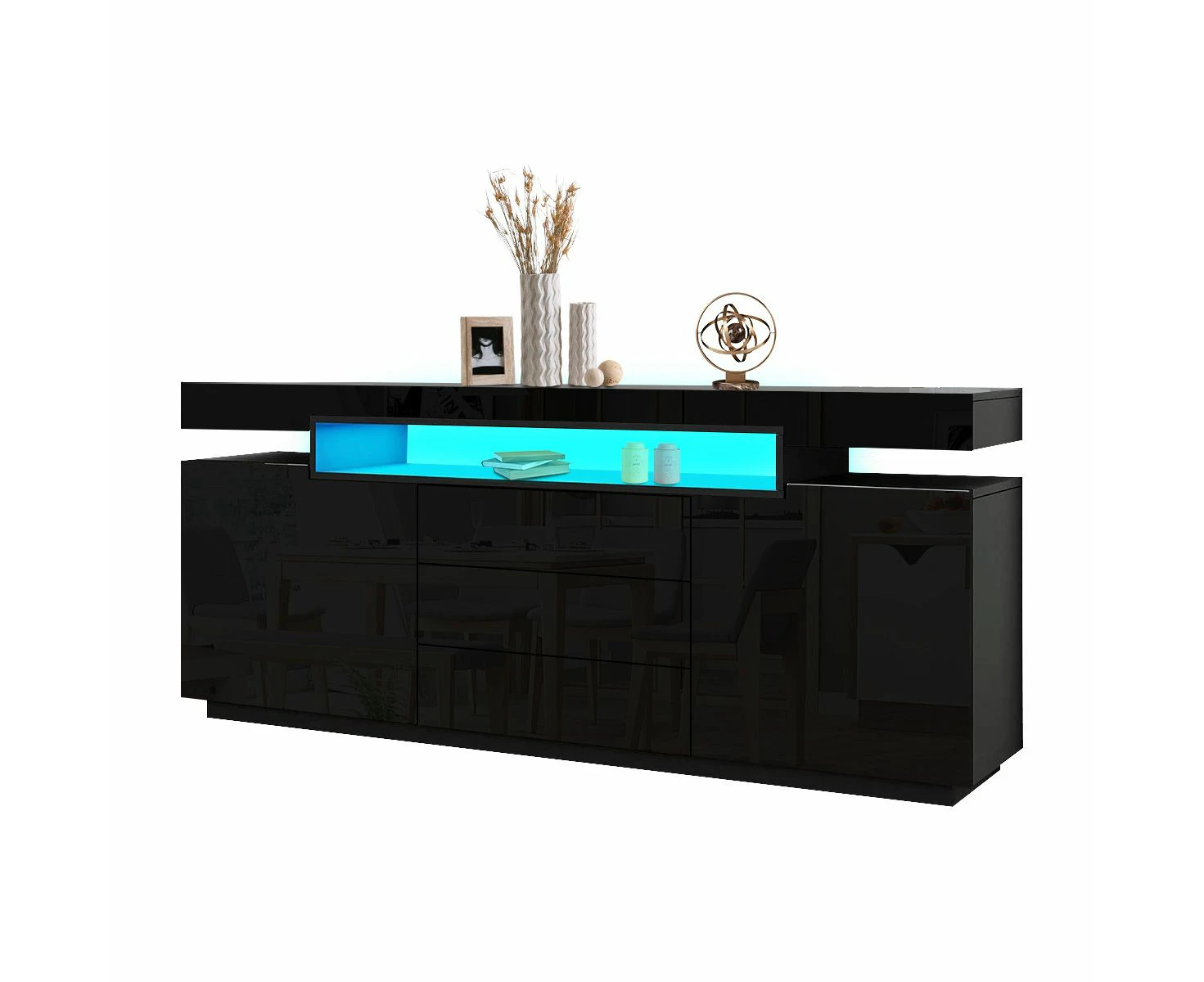 LED Sideboard Corner TV Stand Cabinet Entertainment Unit Buffet Table Black High Gloss 3 Drawers