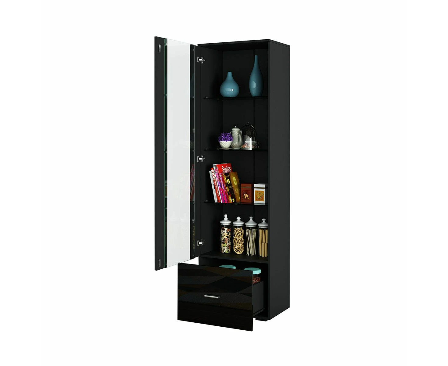 Glass Front Tall Display Cabinet 190cm Black LED Storage Unit with 1 Drawer 4 Shelves