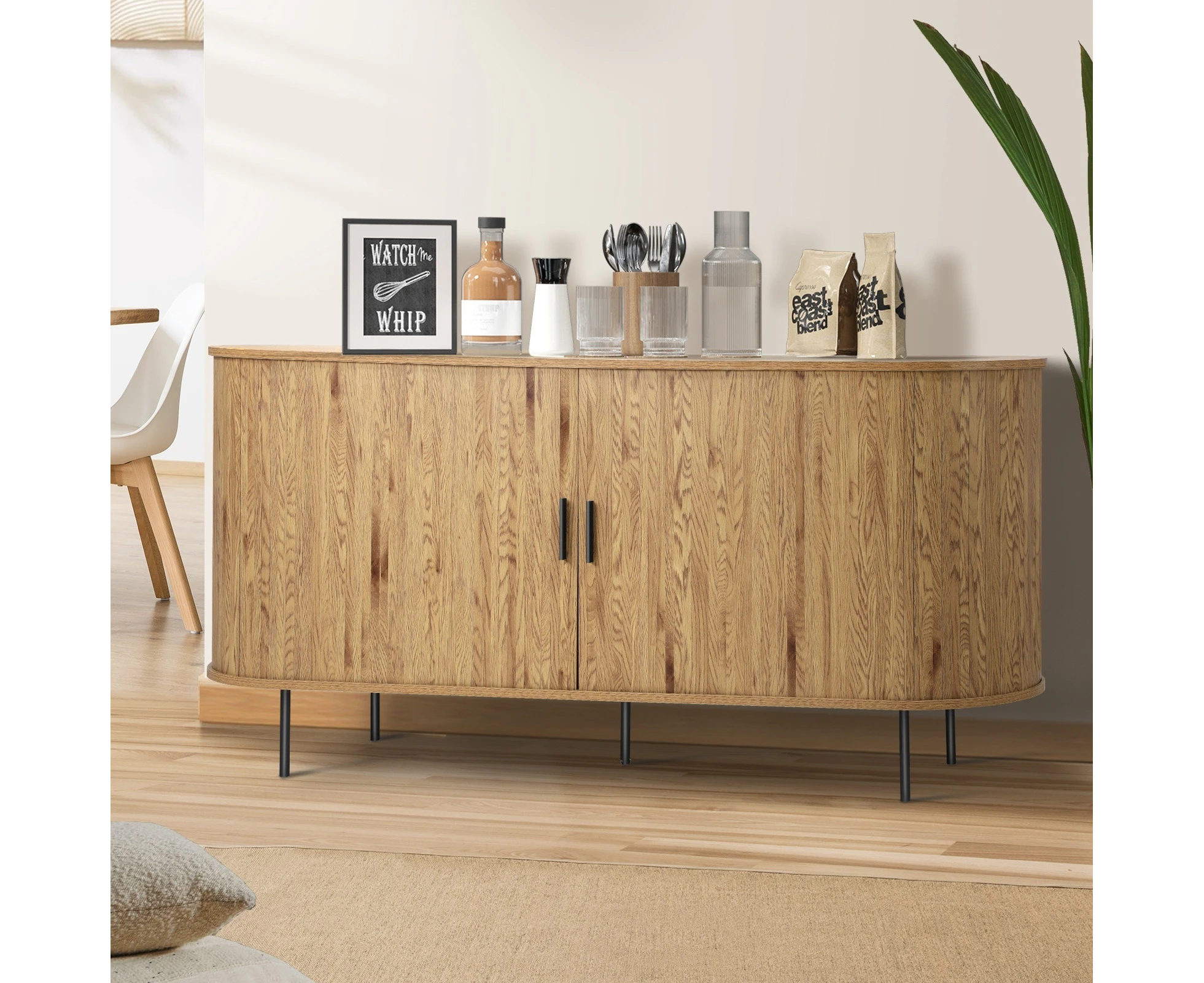 Oikiture Buffet Sideboard Cupboard Sliding Doors Pantry Storage Cabinet Natural