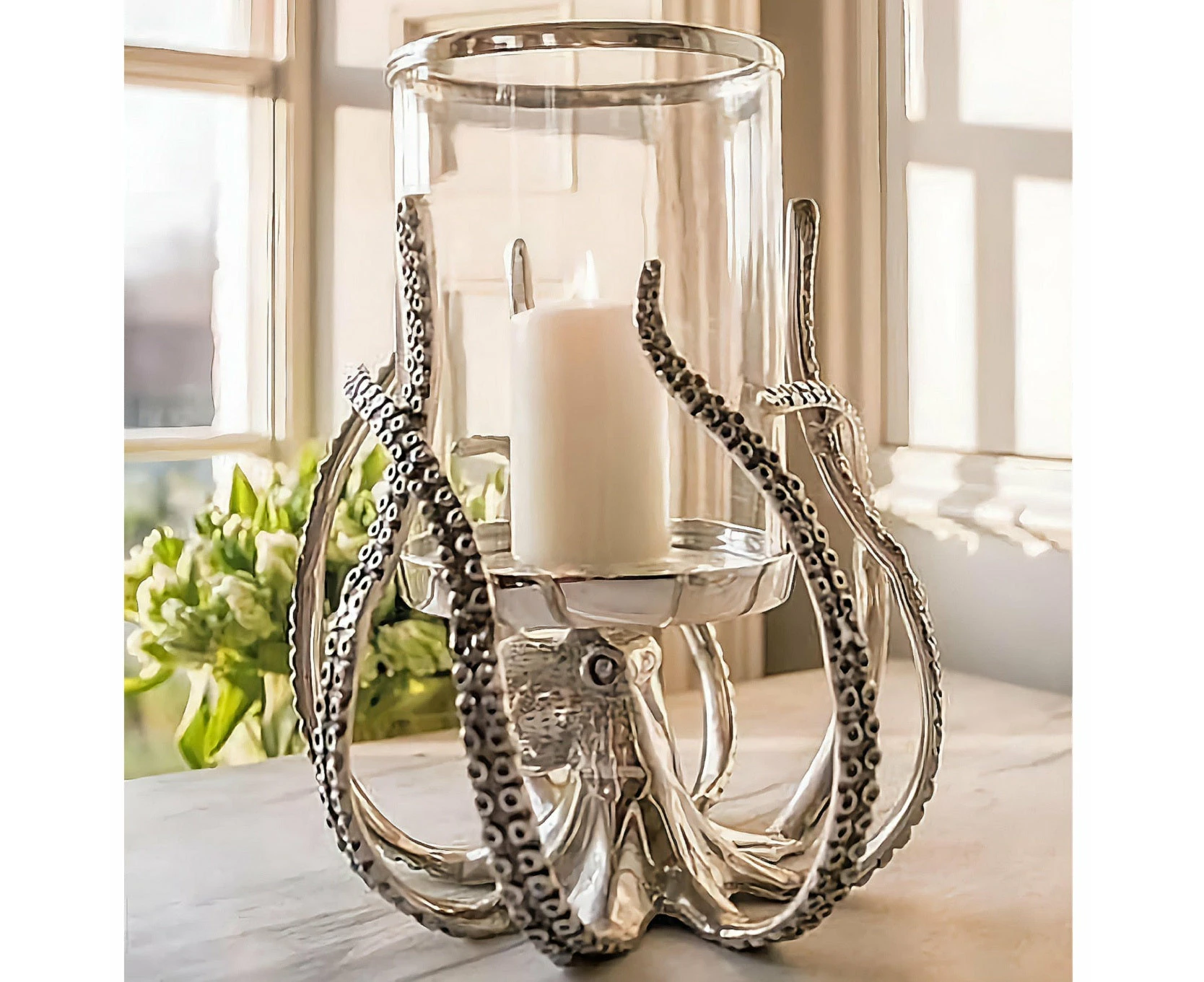 Large Silver Plated & Glass Top Octopus Hurricane Pillar Candle Holder Lantern