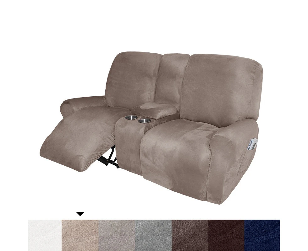 2 Seater Recliner Chair Cover with Cup Holder Non Slip Armchair Cover All-inclusive Elastic Suede Sofa Slipcover Living Room-brownish