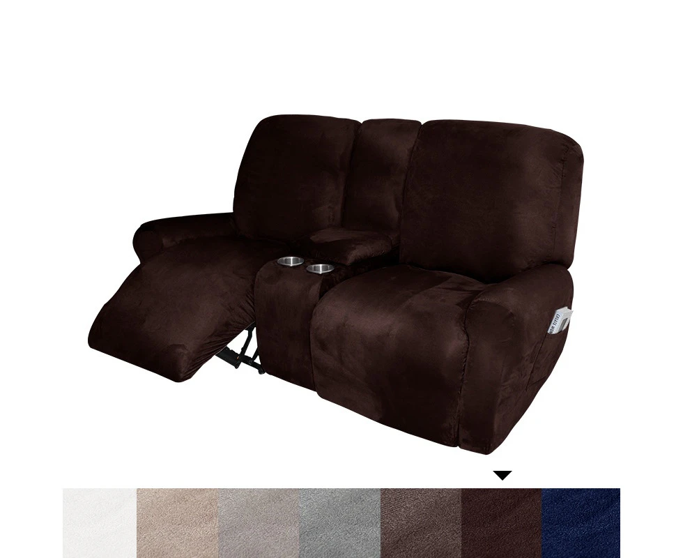 2 Seater Recliner Chair Cover with Cup Holder Non Slip Armchair Cover All-inclusive Elastic Suede Sofa Slipcover Living Room-dark brown