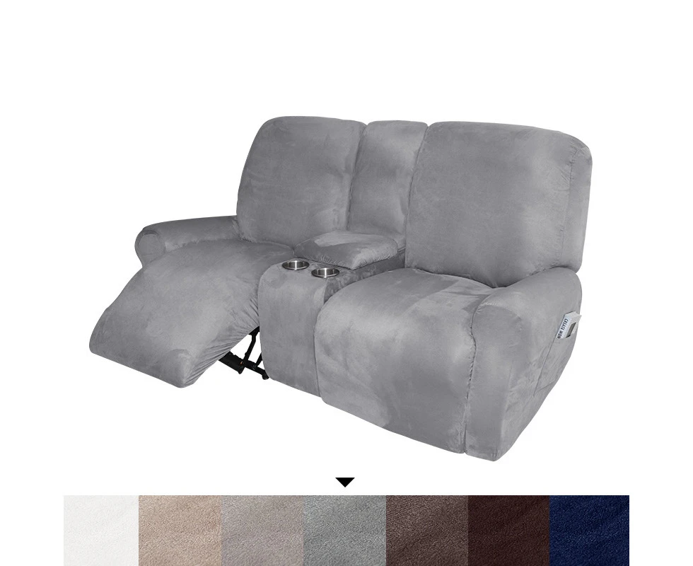 2 Seater Recliner Chair Cover with Cup Holder Non Slip Armchair Cover All-inclusive Elastic Suede Sofa Slipcover Living Room-gray