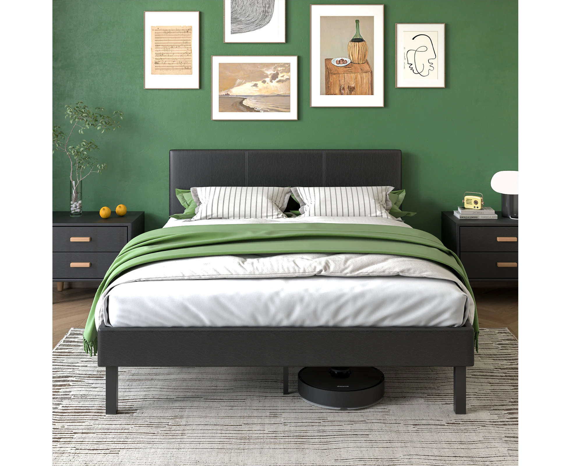 Ufurniture Queen Bed Frame Leather Upholstered Platform Mattress Base with Headboard Black