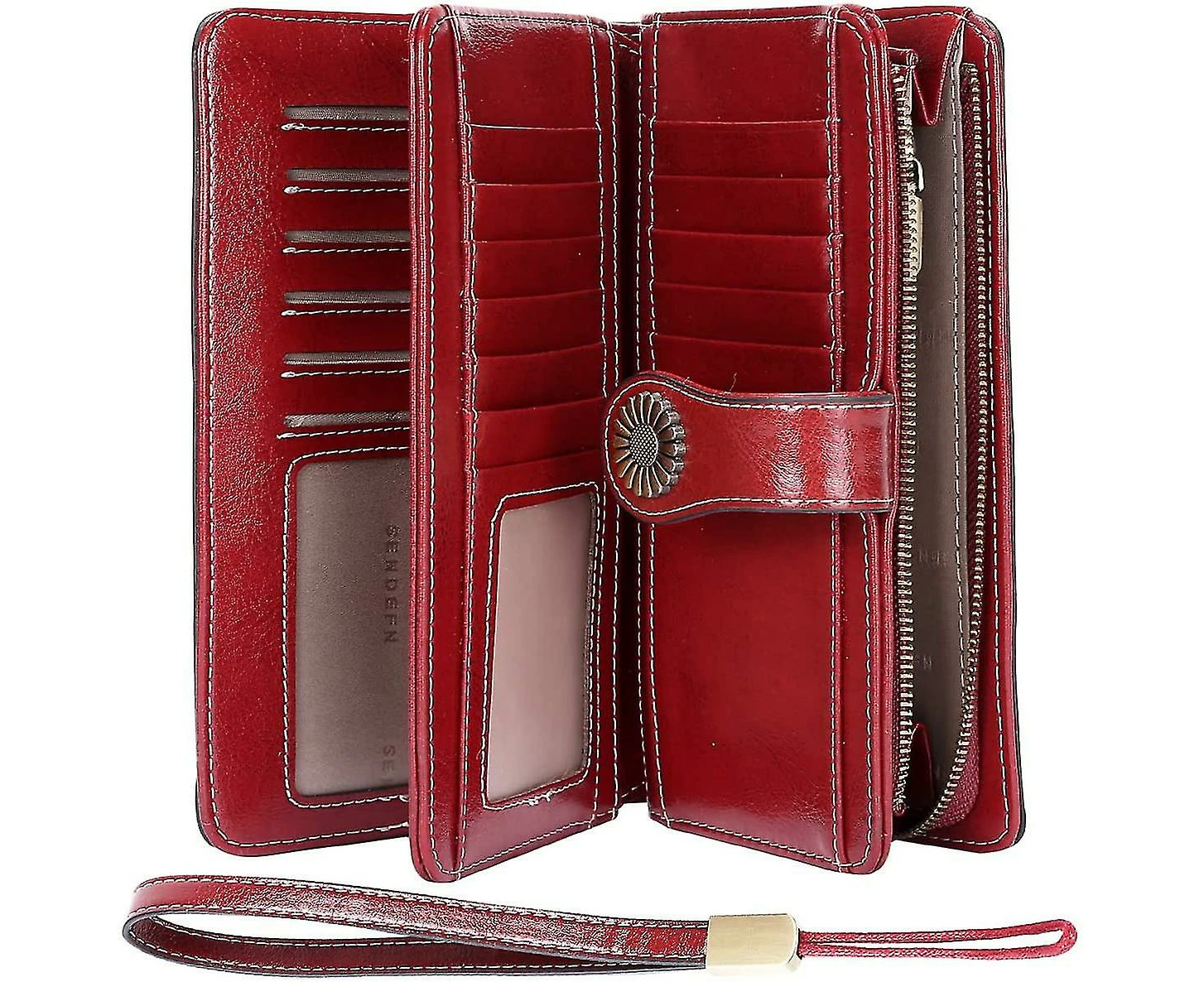 Wallet Women Leather Wallet Many Compartments Long Wallet Women RFID Protection Women Wallet Leather with Mobile Phone Pocket and Zipper-Rot