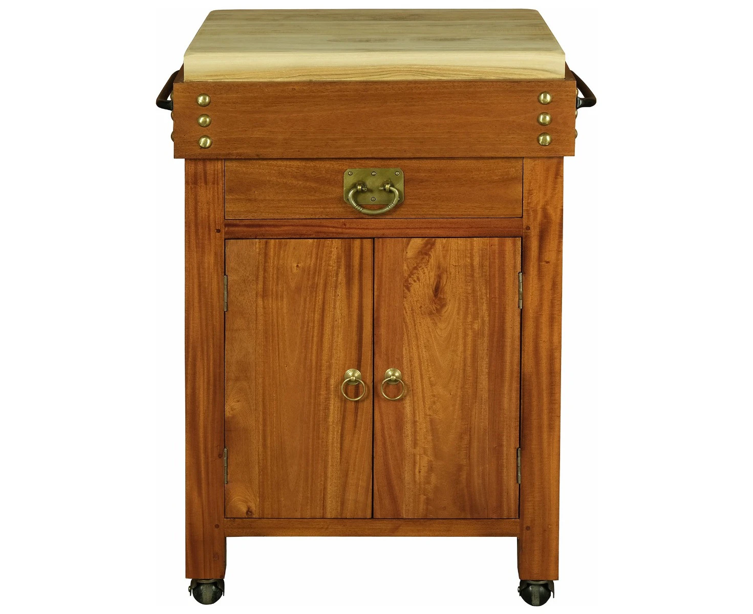 RICARDO SOLID MAHOGANY TIMBER SMALL BUTCHER BLOCK KITCHEN ISLAND WITH CASTORS IN LIGHT PECAN