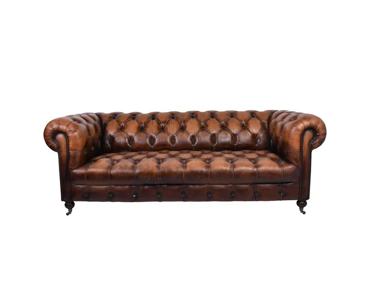 OXFORD AGED LEATHER 3-SEATER SOFA IN BROWN DISTRESSED CARAMEL