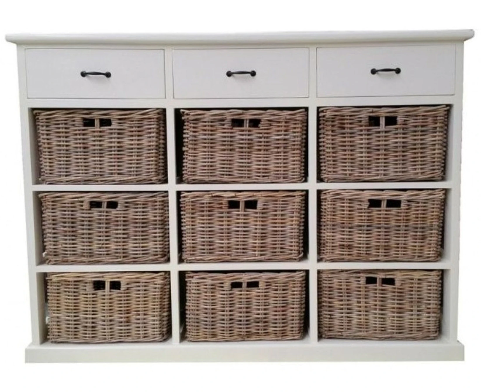 NICE SOLID MAHOGANY JUMBO SIZE DRESSER WITH 9 WICKER BASKETS & 3 TIMBER DRAWERS