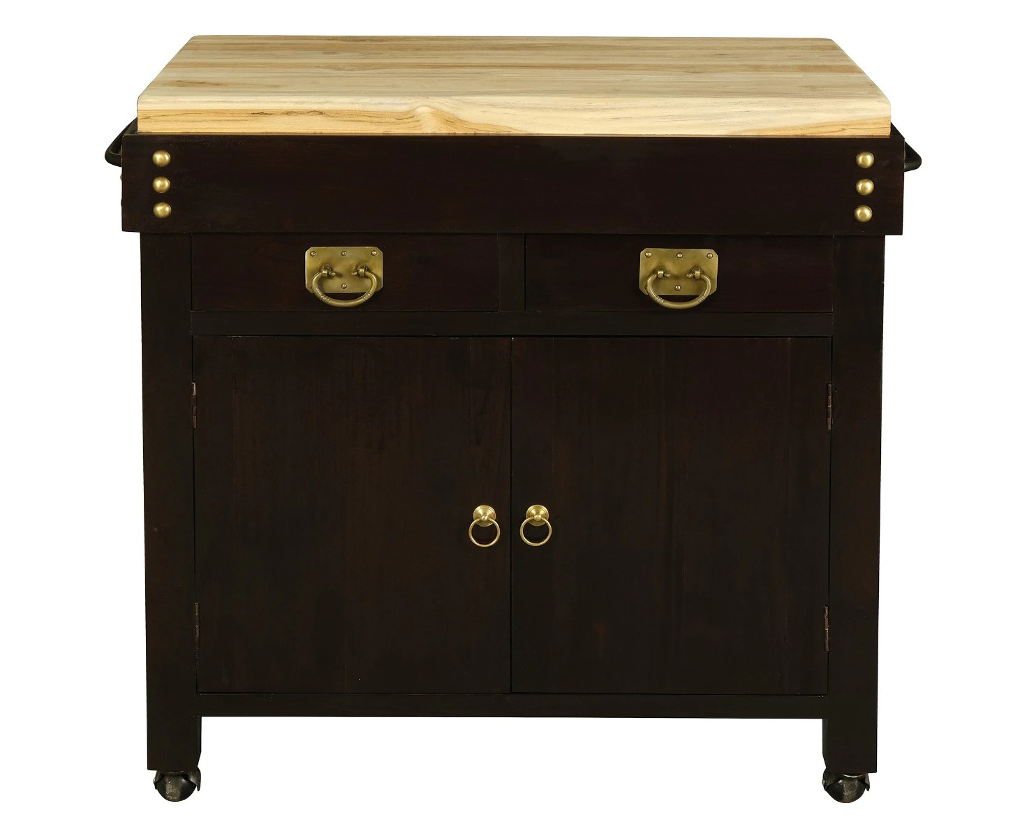 RICARDO SOLID MAHOGANY TIMBER LARGE BUTCHER BLOCK KITCHEN ISLAND WITH CASTORS IN CHOCOLATE