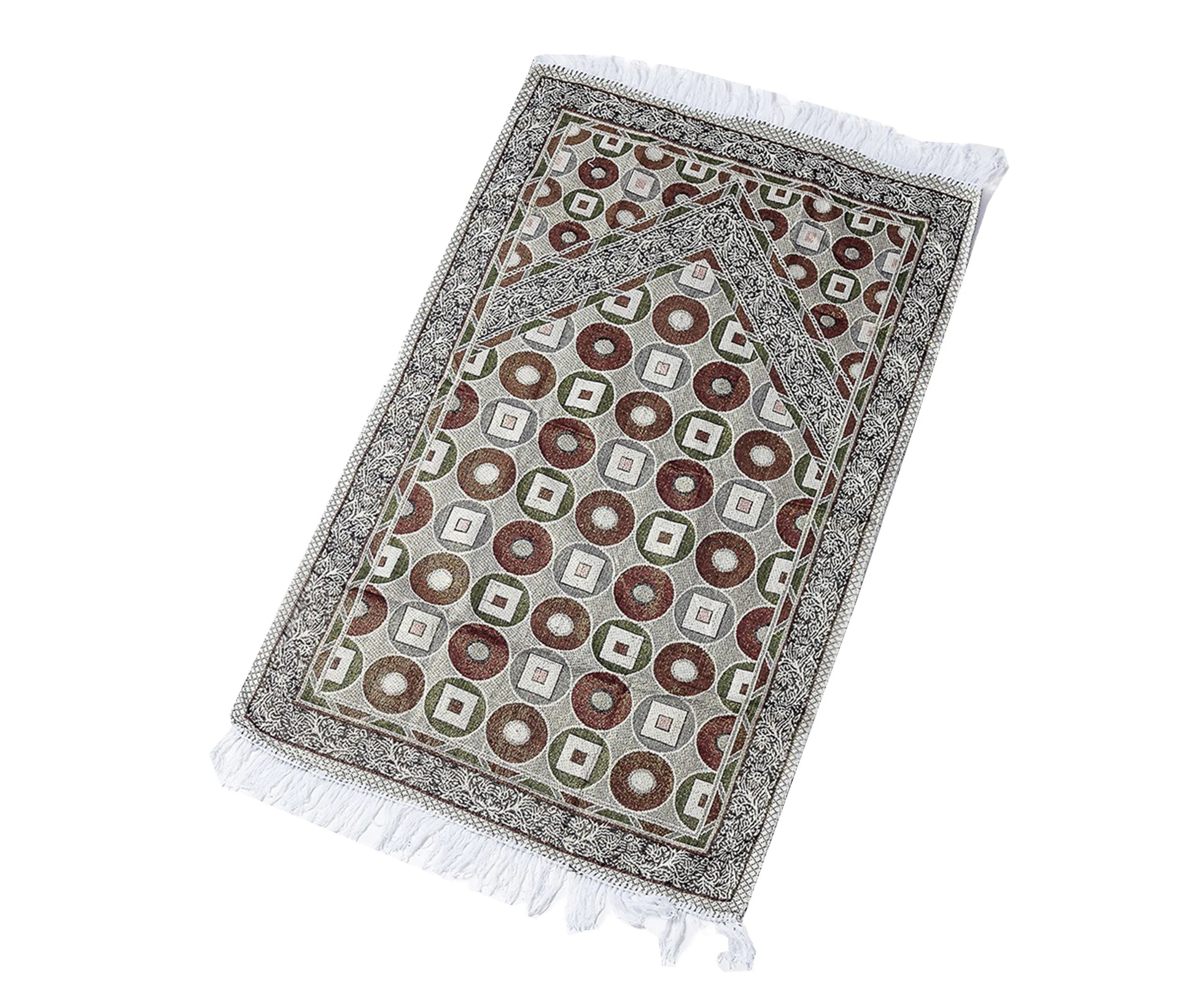 Muslim Cotton Prayer Mat Ethnic Circle Square Patterns Carpet Blanket with Fringe Tassel Lightweight Portable Islamic Kneeling Rug Decoration