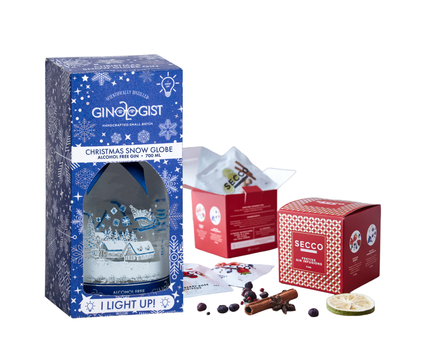 Duo Pack Ginologist Snowglobe Gin 0% 700ml & Secco Festive Drink Infusion - Designs vary