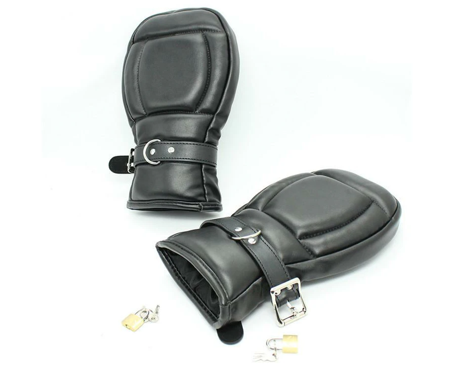 BDSM PU Puppy Play Mittens Soft Dog Gloves Restraint Adjustment - Black