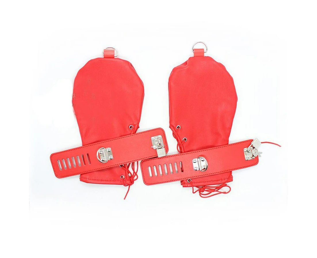 BDSM PU Bondage Puppy Play Mittens Dog Gloves Adjustment Restraint with Lockable Cuffs- Red