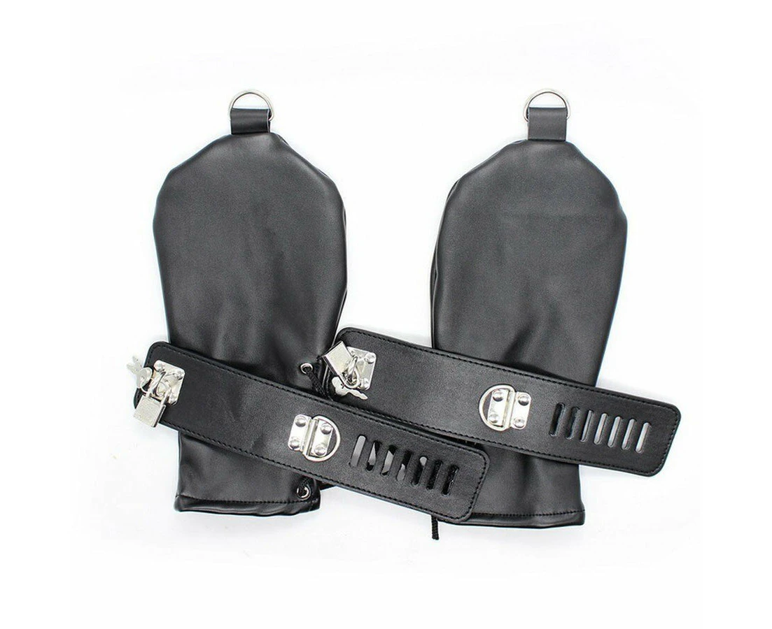 BDSM PU Bondage Puppy Play Mittens Dog Gloves Adjustment Restraint with Lockable Cuffs- Black