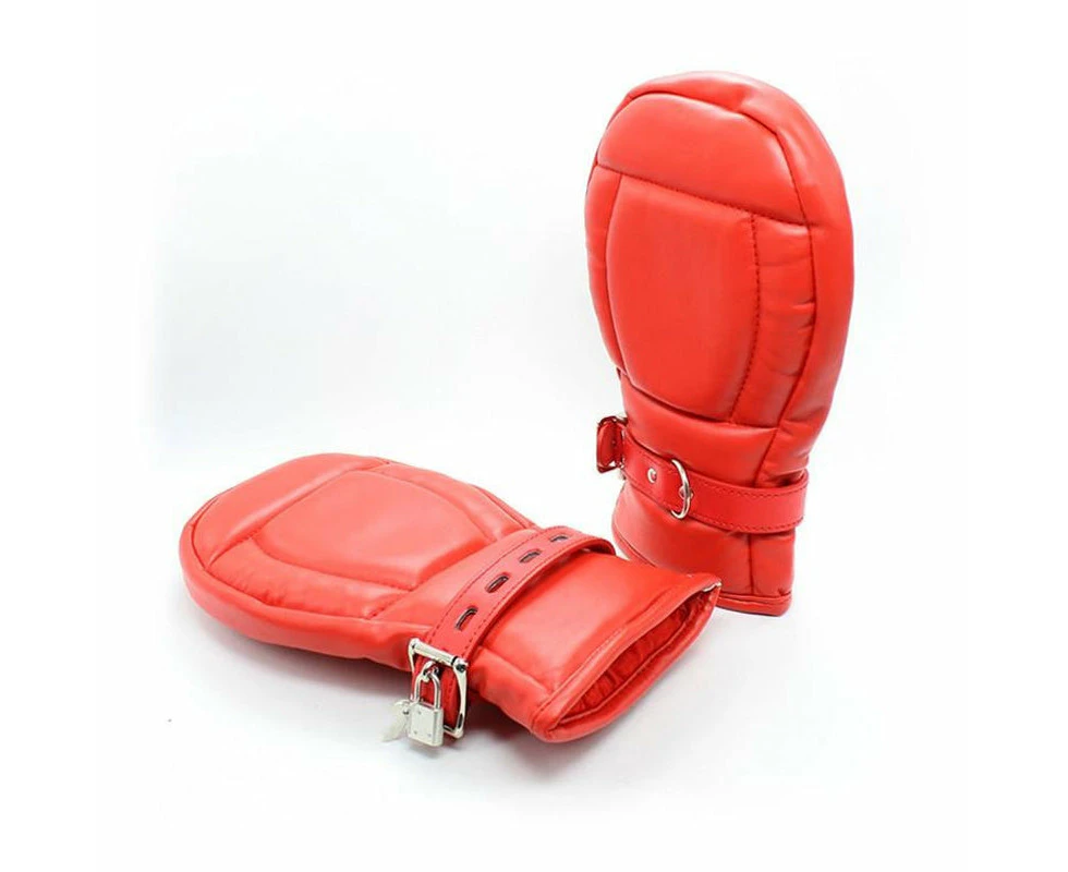 BDSM PU Puppy Play Mittens Soft Dog Gloves Restraint Adjustment - Red