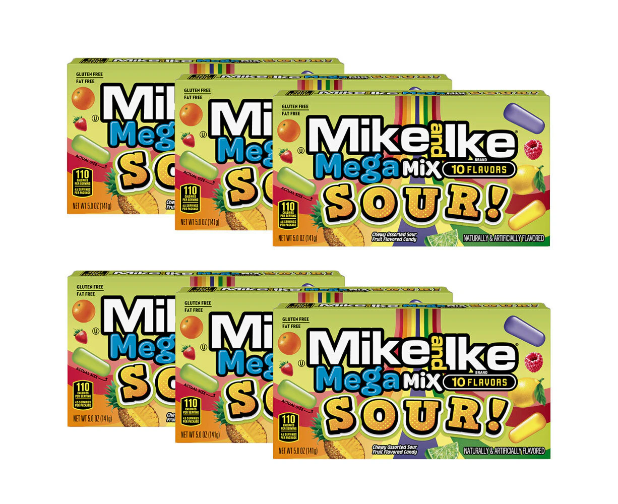 6x Mike & Ike Mega Mix Chewy Sour Candy Confectionery Lollies Sweets Box 120g