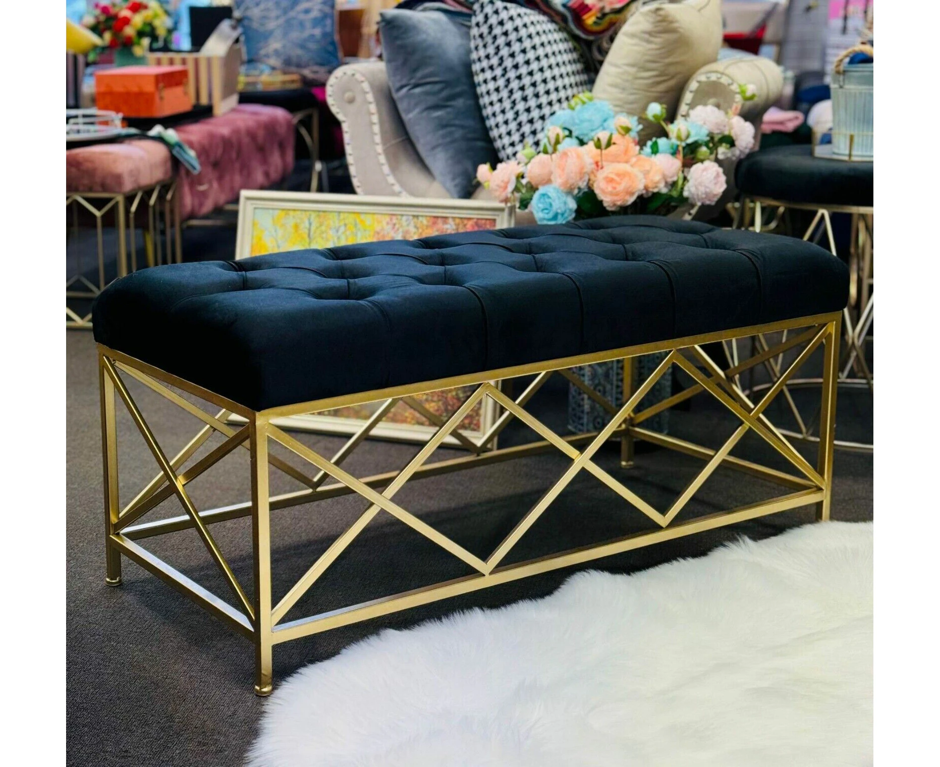 Premium tufted black velvet seating bench with gold base - 100cm length