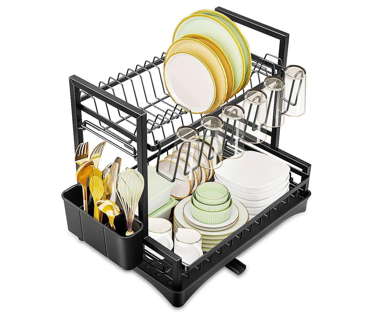 Stelive 2-Tier Dish Drying Rack Dish Drainer Cutlery Holder Dish Drainer Rack Multifunctional Storage Rack w/ Drainboard for Kitchen (Black)