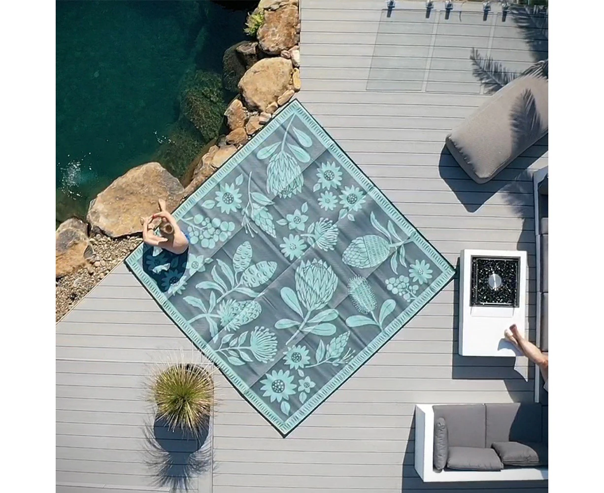 RECYCLED Plastic Outdoor Rug | Australian Floral Design, Square Bush Green