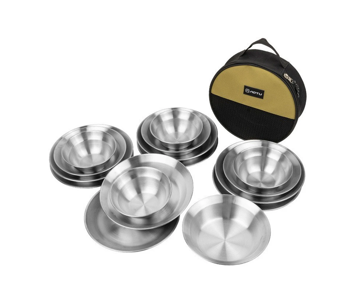 16pcs Camping Tableware Sets Reusable Stainless Steel Plates and Bowls for Outdoor Camping Hiking