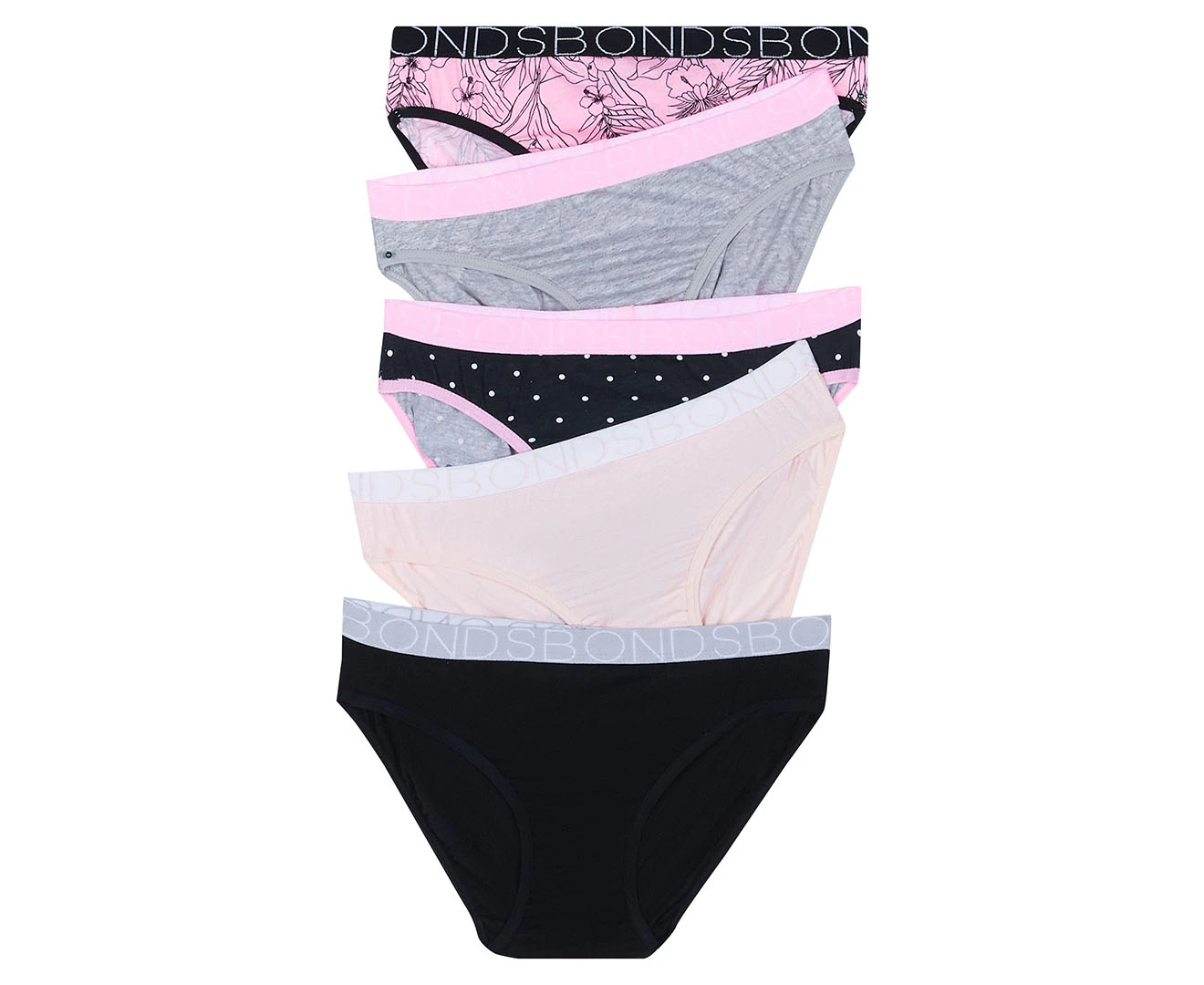 Bonds Girls' Bikini Briefs 5-Pack - Pink/Black/Grey