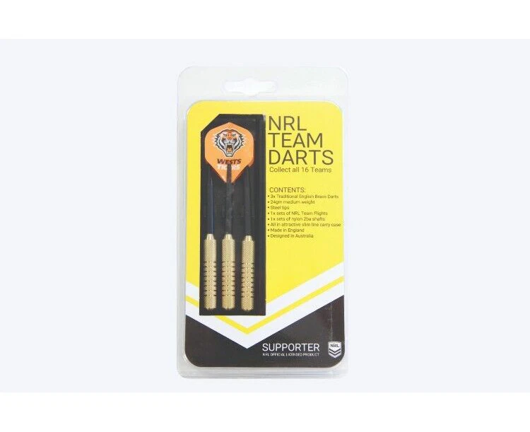 NRL West Tigers Darts - Set Of 3 With Carry Case - 24 Gram Dart Brass