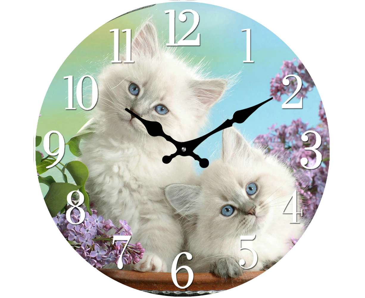 White Kittens Glass Analogue Standing Desk Clock 17cm Round Home/Office Decor