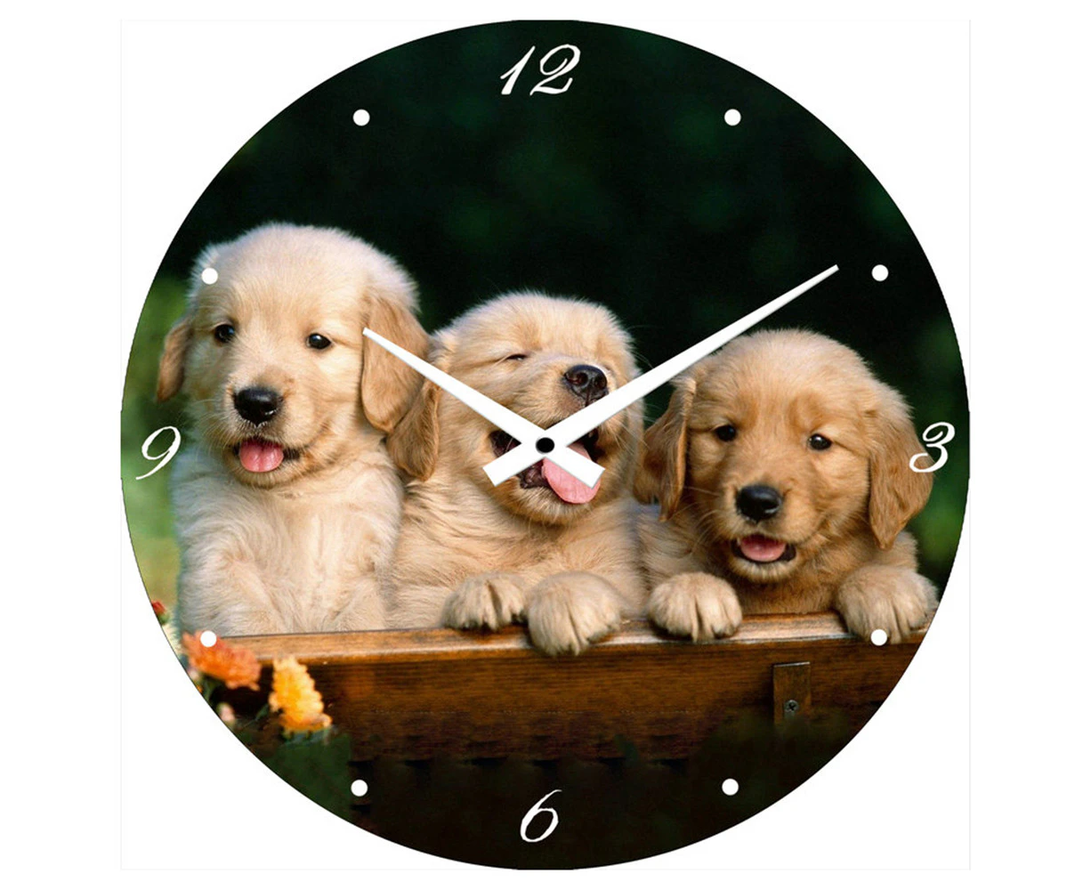 Clocks Golden Retriever Puppies Glass Analogue Desk Clock 17cm Round Home Decor