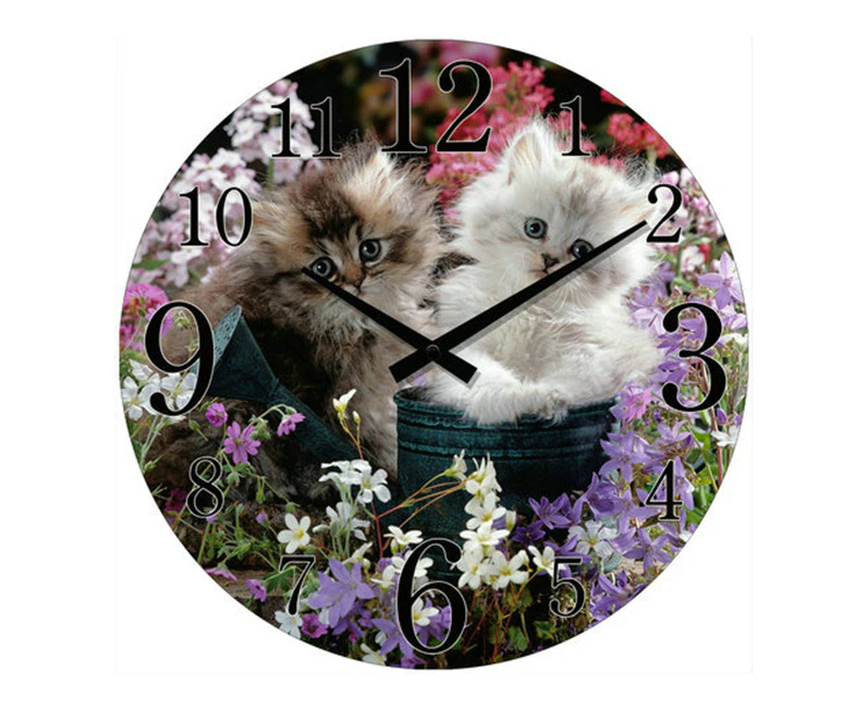 Cute Fluffy Kittens Glass Analogue Standing Desk Clock 17cm Round Home Decor