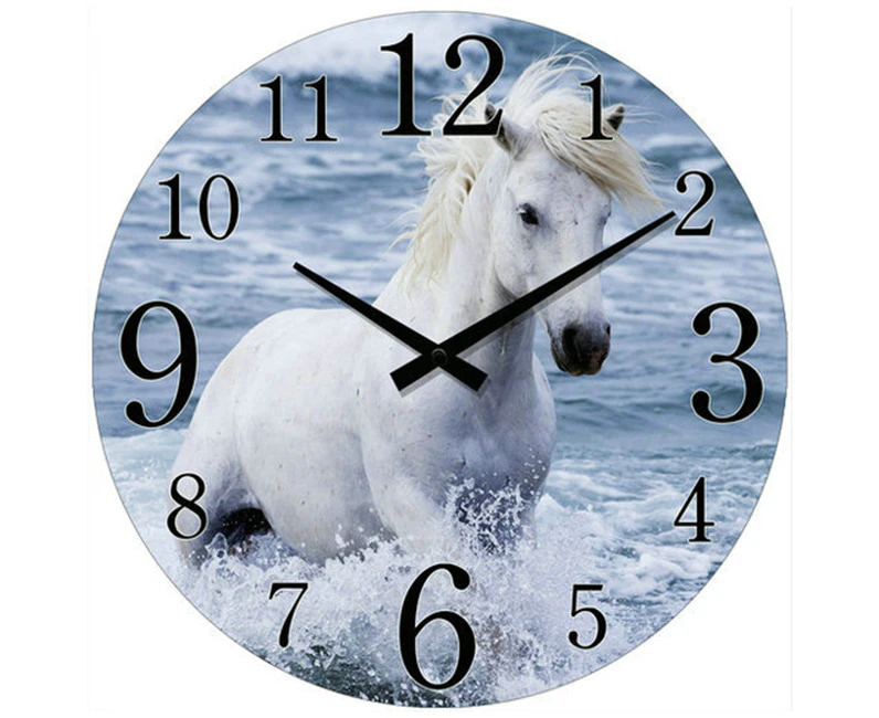 White Horse in Ocea Glass Analogue Hanging Wall Clock 30cm Round Home/Room Decor