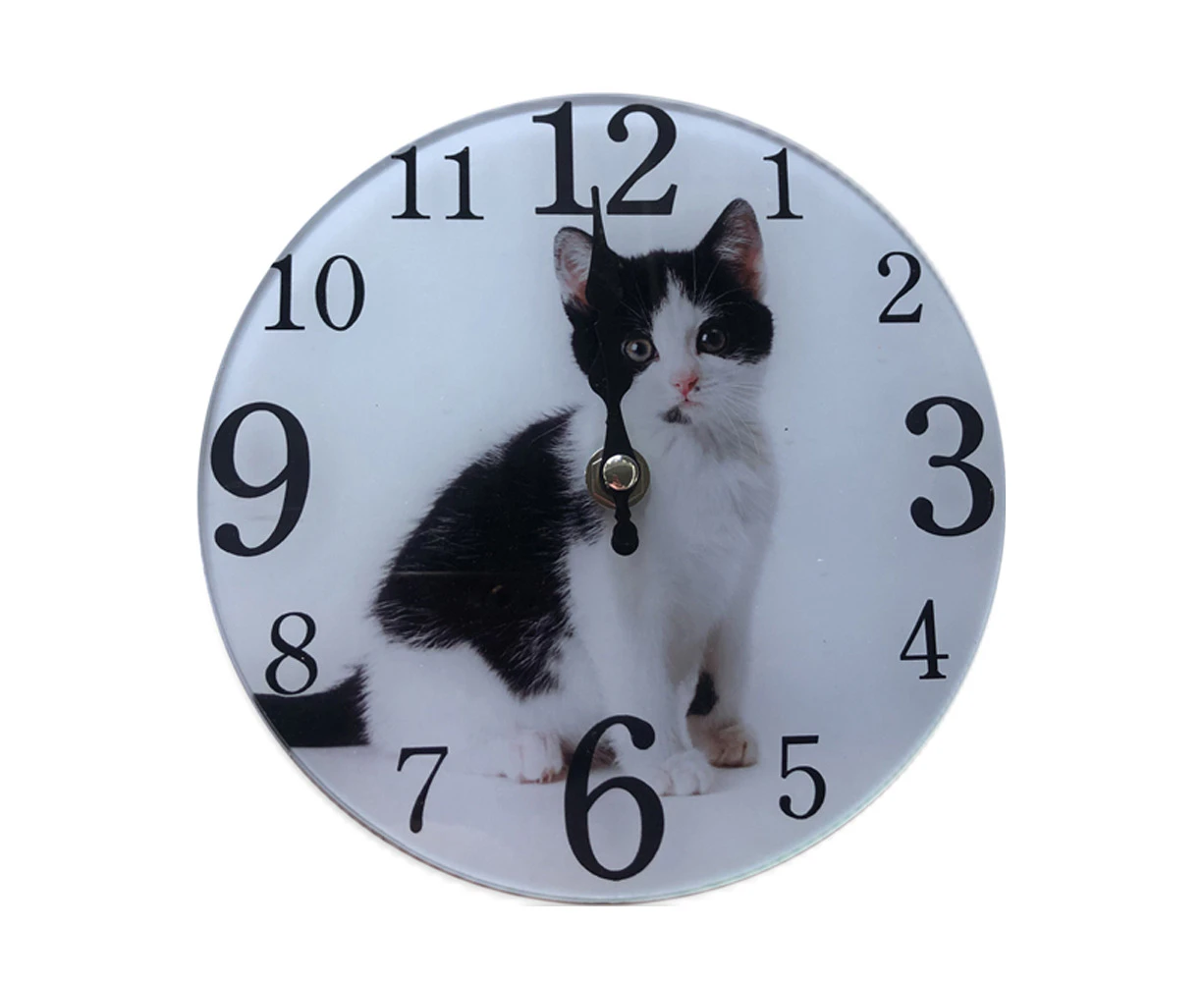 Black & White Kitten Glass Analogue Standing Desk Clock 17cm Round Home Decor