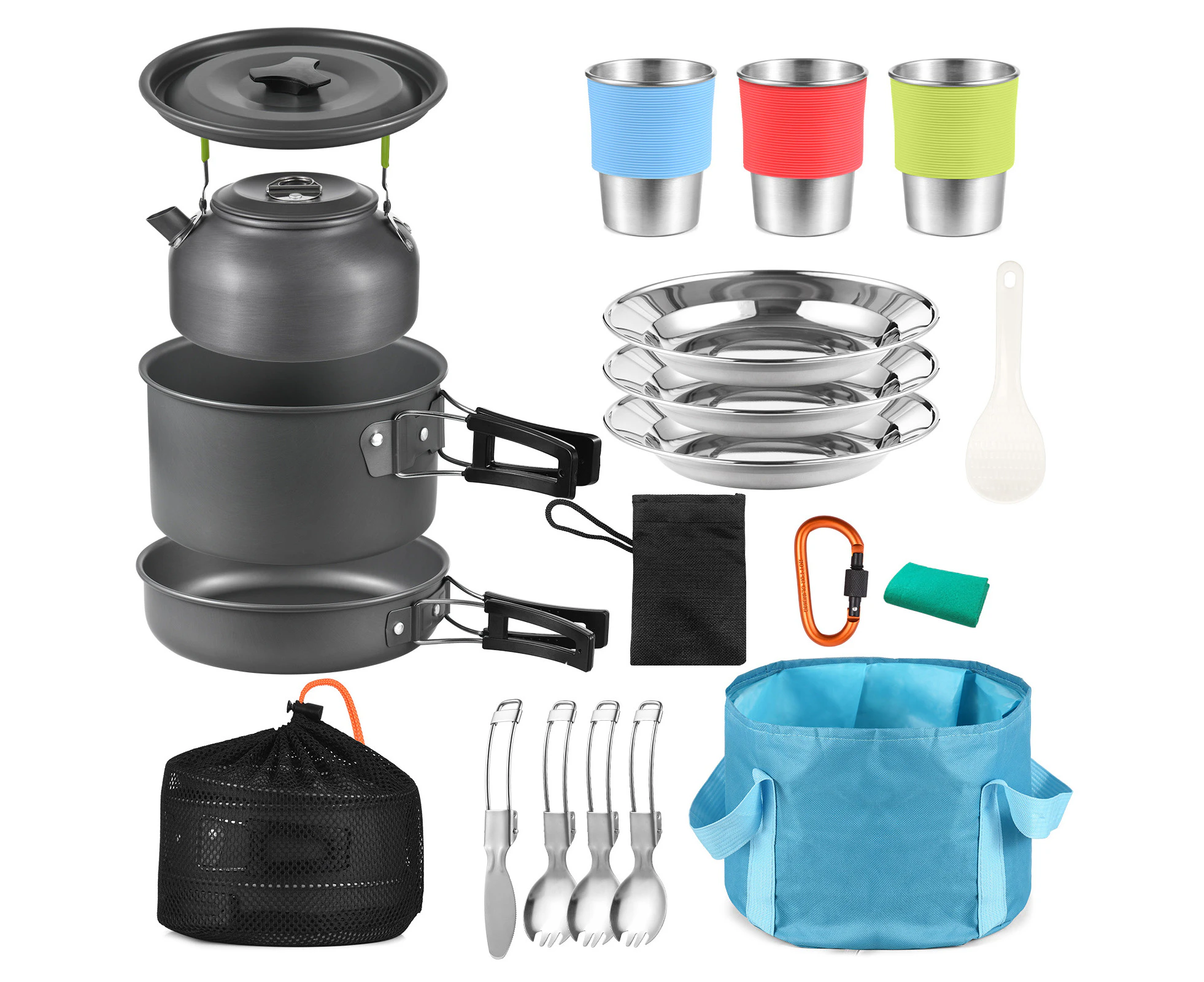 Camping Utensils Cooking Set 3 Person 22PCS Camping Pot and Pan Cooking Set Outdoor Camping Hiking Backpacking with Carry Bag Camp Cookware Set