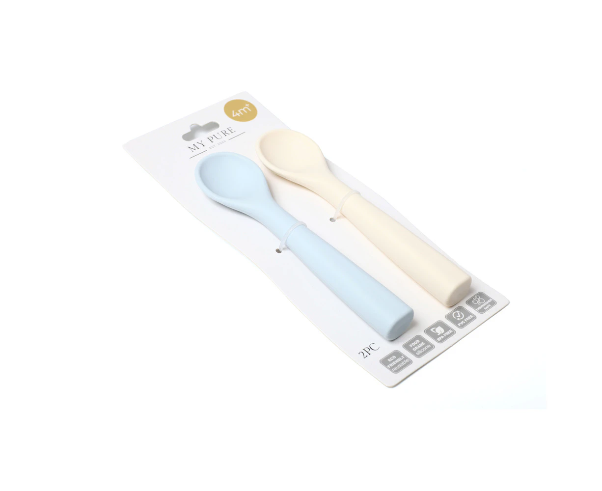 My Pure Silicone Baby/Toddler Feeding Spoon Set - Baby Blue and Pannacotta 4M+