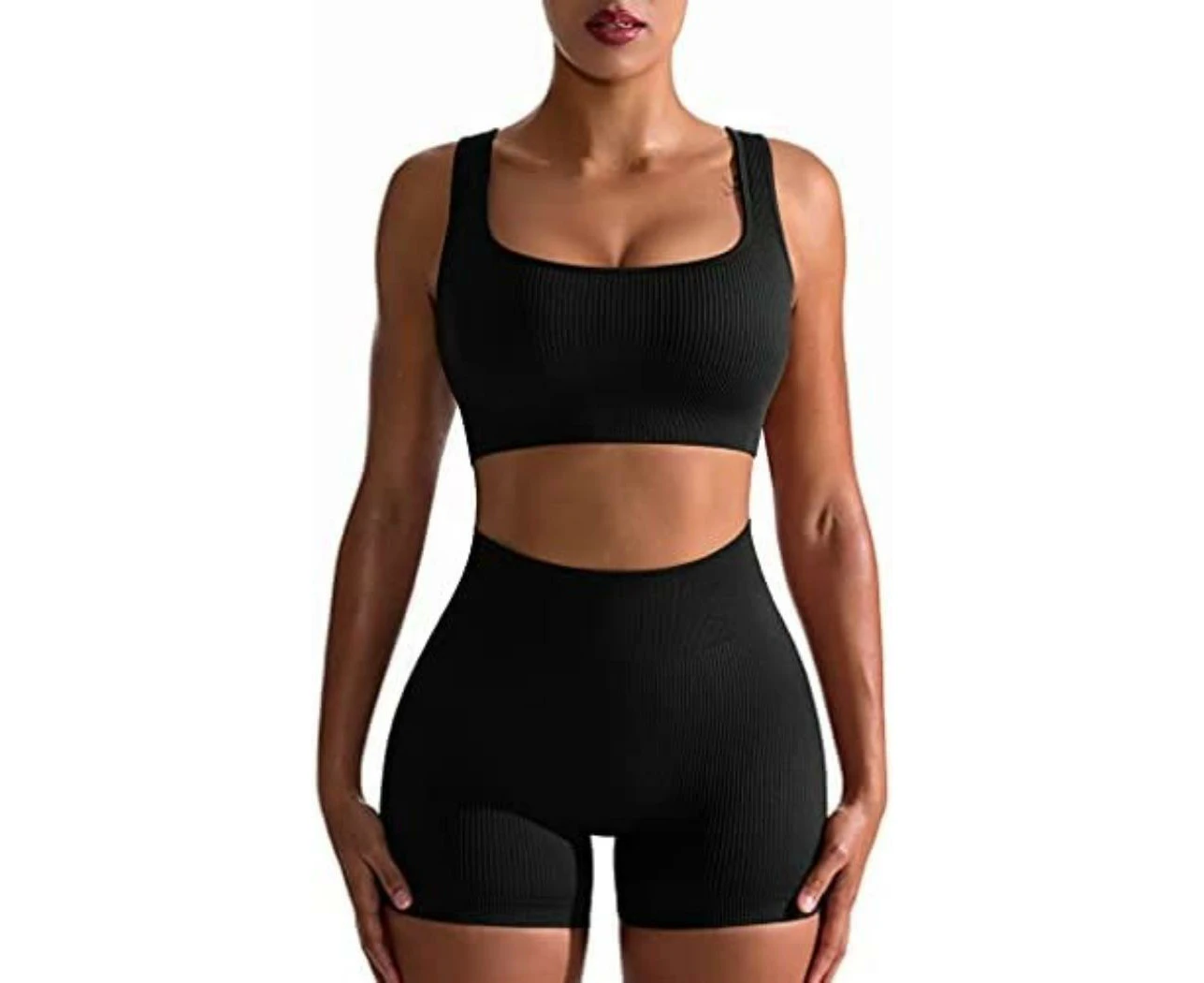 SunBlue Women's Workout Outfits 2 Piece Seamless Ribbed High Waist Leggings Sport Bra Shorts Exercise Yoga Set, Black