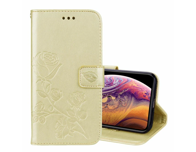 For iPhone XS Max Case Gold Rose Embossed PU Leather Folio Case