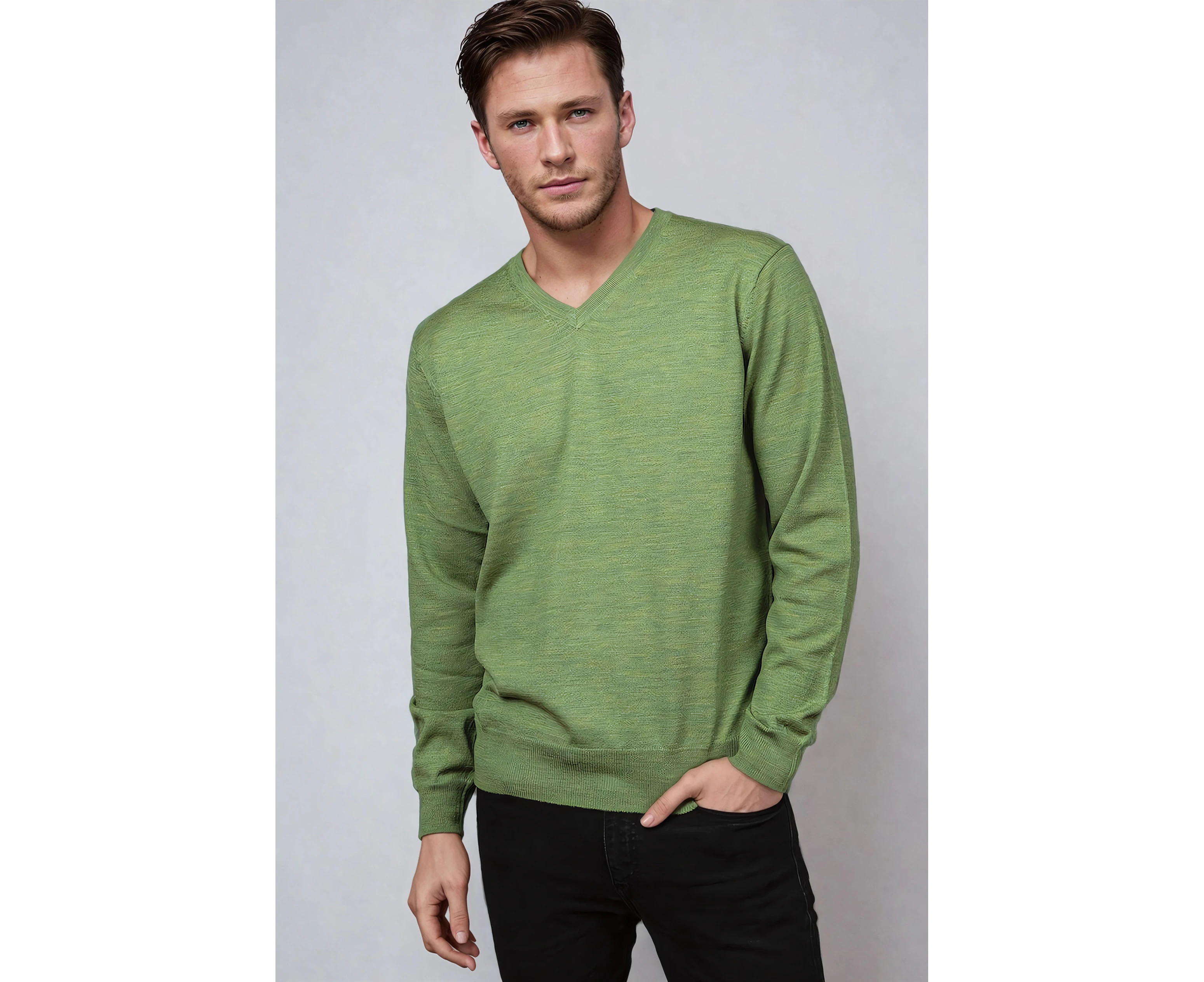 Ansett Men's Apple Green Fine Weight Merino Wool V Neck Jumper