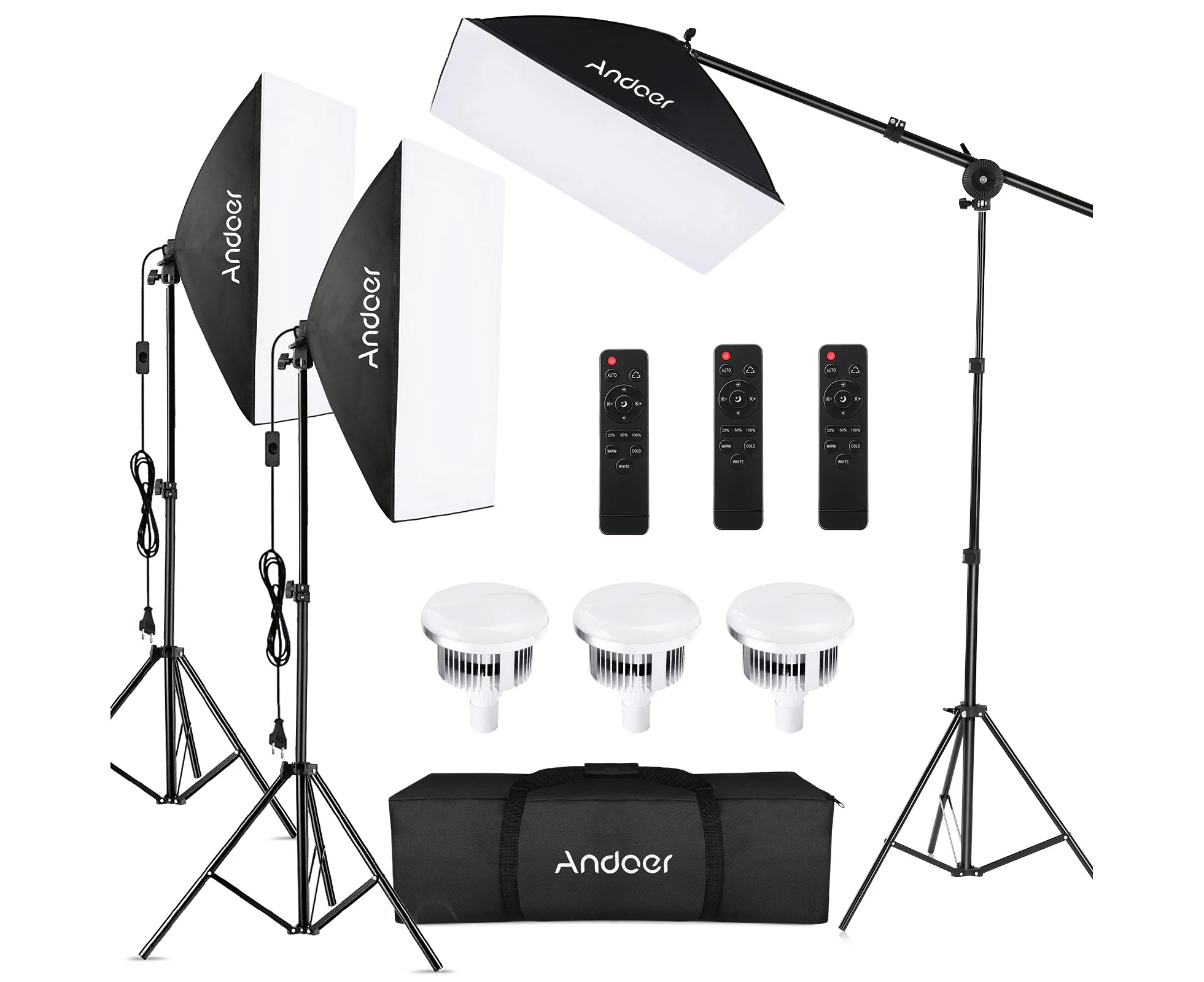 Andoer Studio Photography Light Kit Softbox Lighting Set with 85W 2800K-5700K Bi-color Temperature LED Light * 3 + 50x70cm Softbox * 3 + 2M Light Stand * 3