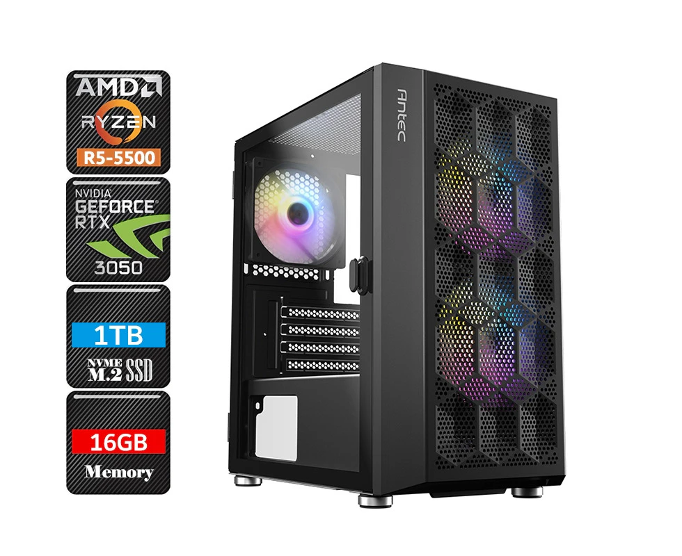 ATG 5500-RTX3050-16G1S-NX200MR-WO AMD Ryzen 5 5500 RTX 3050 RGB Gaming PC System, 16GB RAM/1TB NVMe SSD/Windows 11