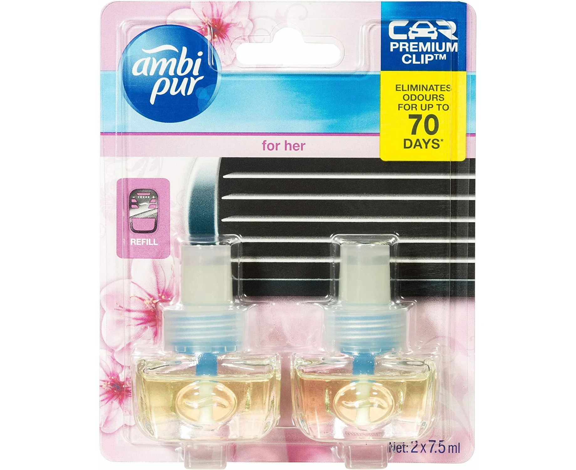 Ambi Pur Premium Clip Car Air Freshener For Her Refill 2 x 7.5mL