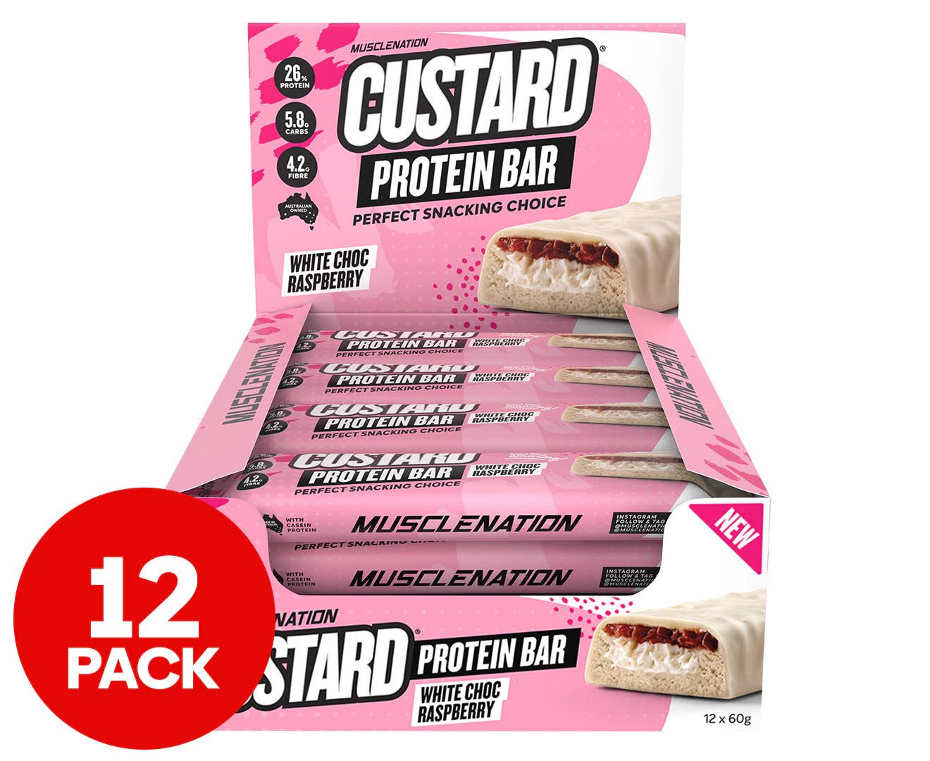 12 x Muscle Nation Custard Protein Bar White Choc Raspberry 60g