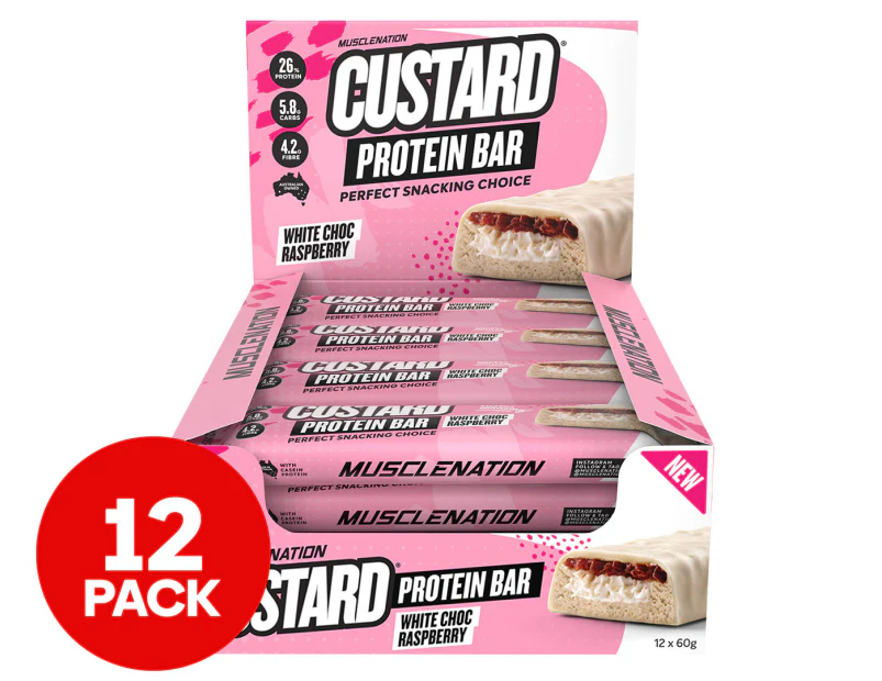 12 x Muscle Nation Custard Protein Bar White Choc Raspberry 60g